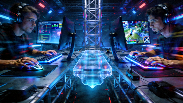 高科技电竞对战舞台与激战中的电竞职业选手外设